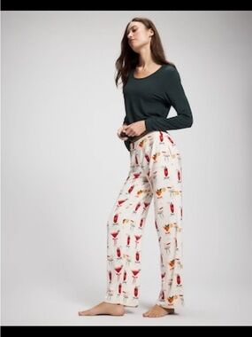 Soma Holiday Cool Nights Pajama Set in White with Red & Green Cocktail Print NWT